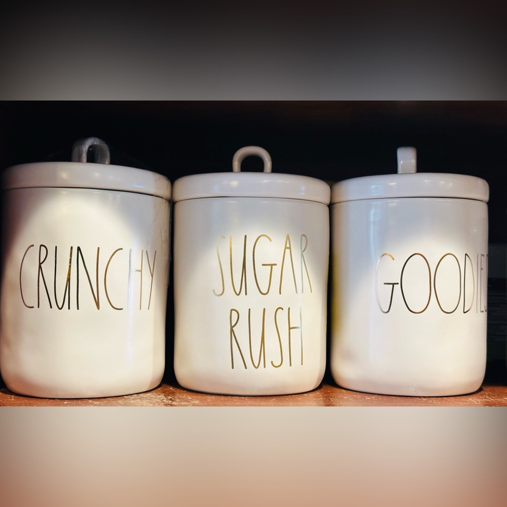 Set of three Rae Dunn canisters. Sugar Rush, Crunchy, Goodies
